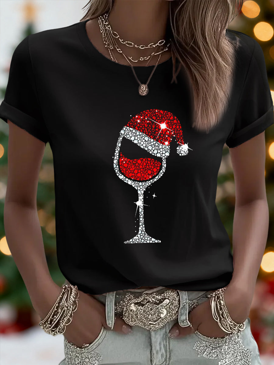 Women's Christmas Red Wine Glass Print Casual Tee