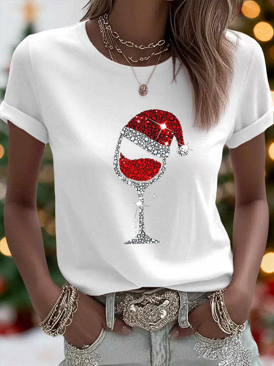 Women's Christmas Red Wine Glass Print Casual Tee