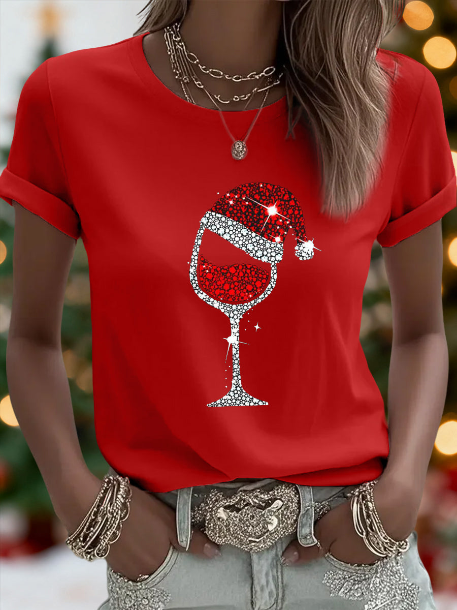 Women's Christmas Red Wine Glass Print Casual Tee