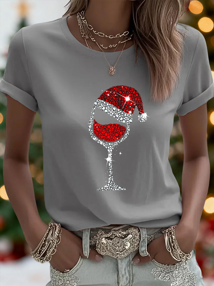 Women's Christmas Red Wine Glass Print Casual Tee