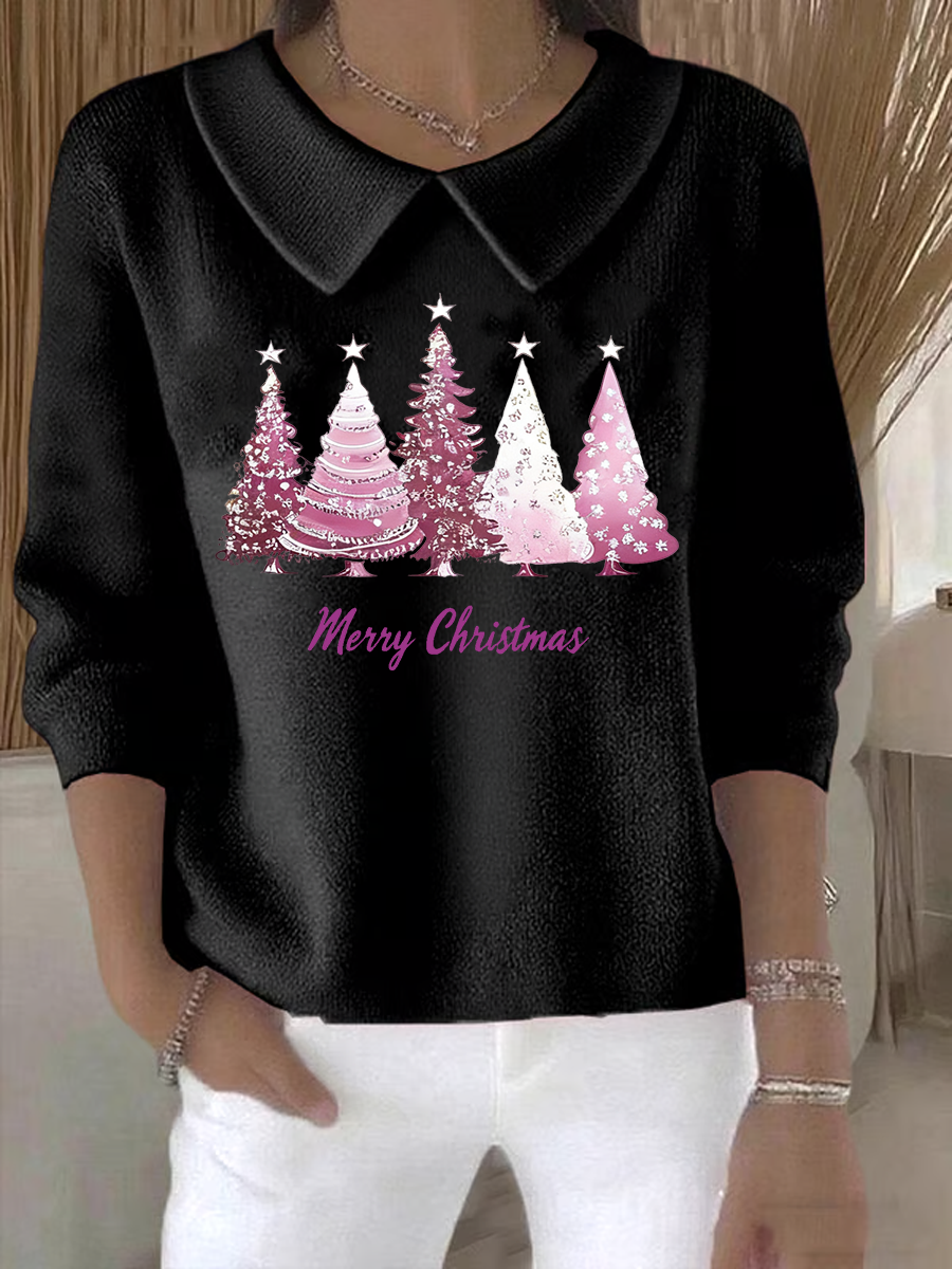 Women's Retro Christmas Tree Print Casual Lapel Knit Top