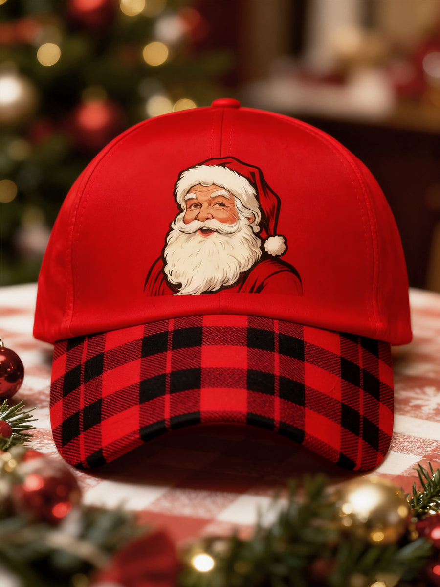 Unisex Vintage Santa Claus Christmas Red Plaid Print Hat