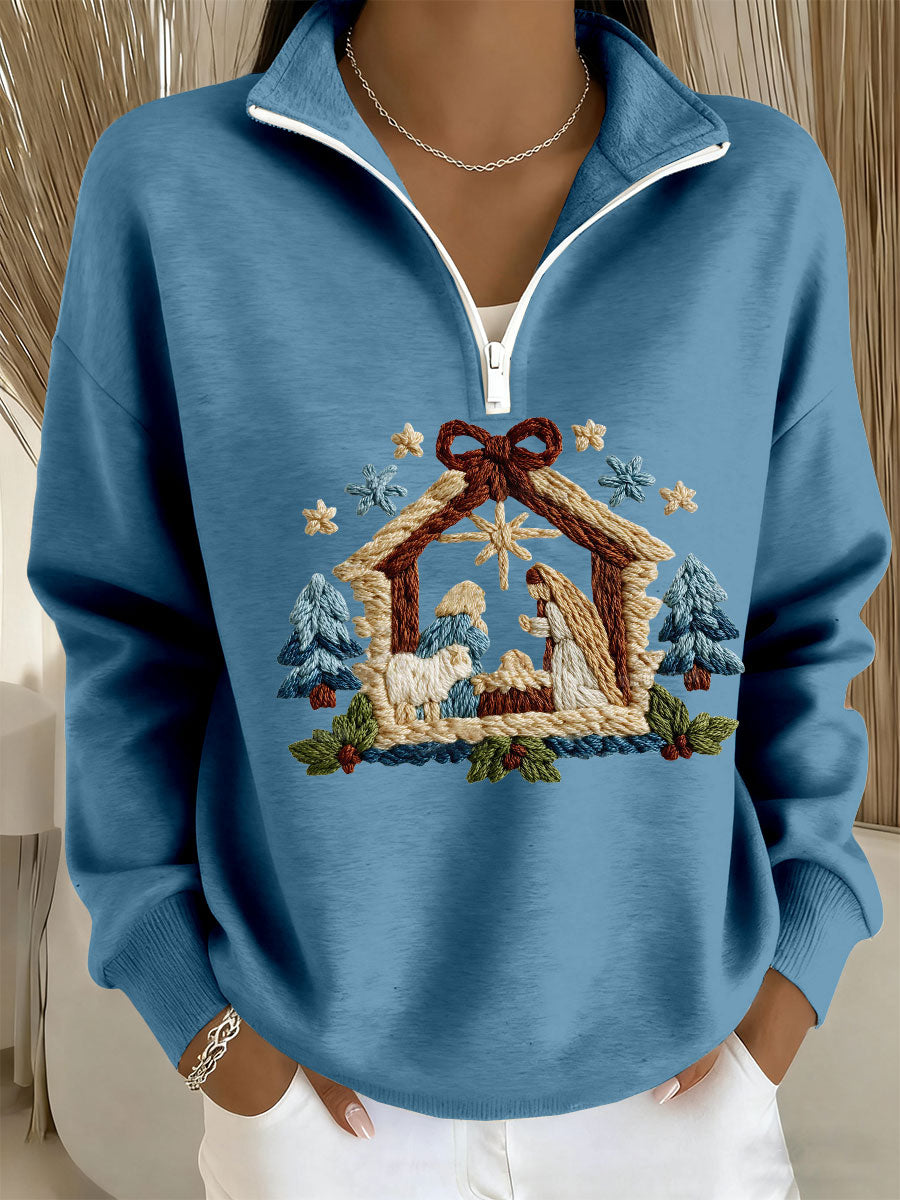 Women's Nativity Print Casual Zip-Up Top