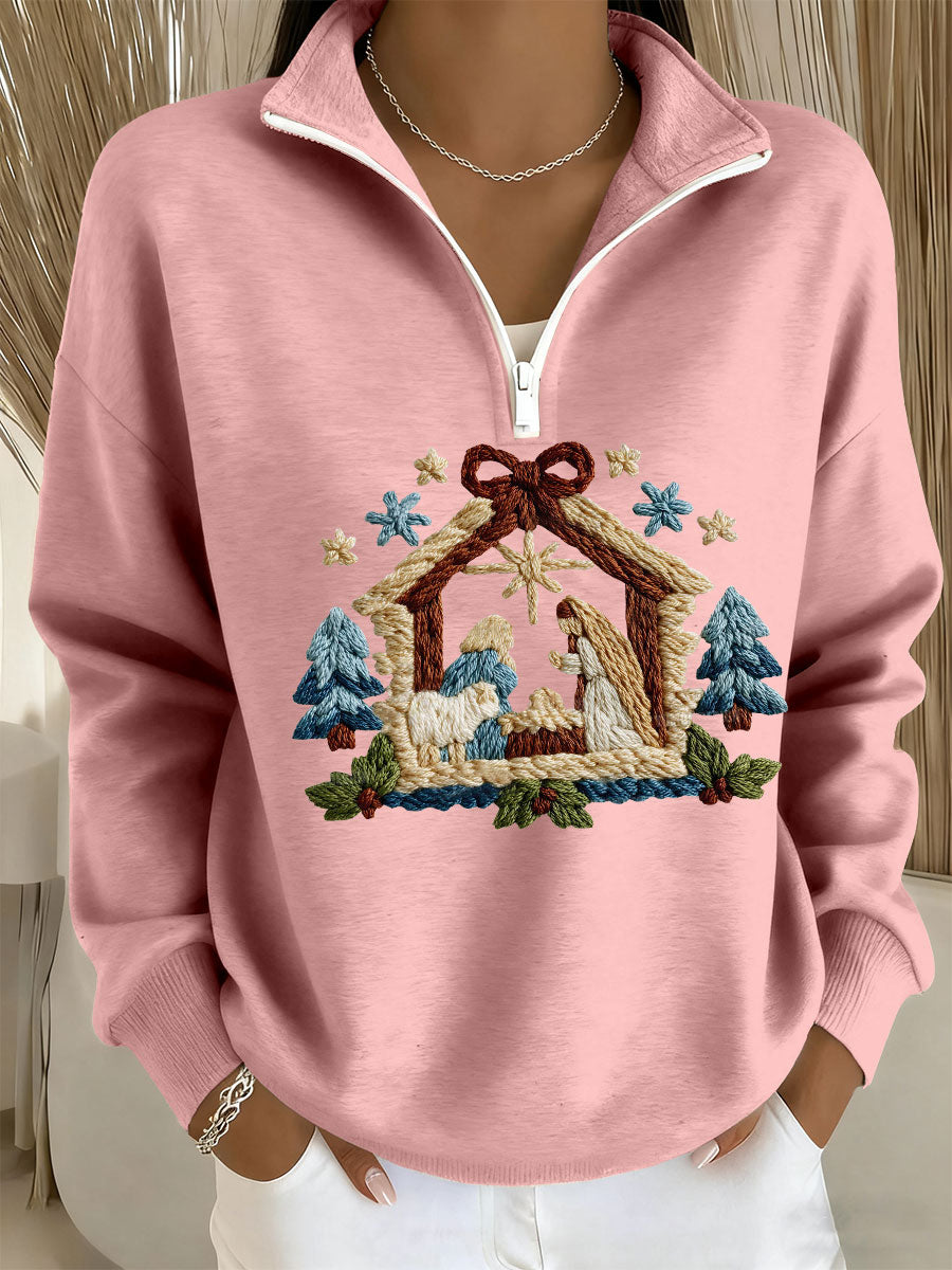 Women's Nativity Print Casual Zip-Up Top