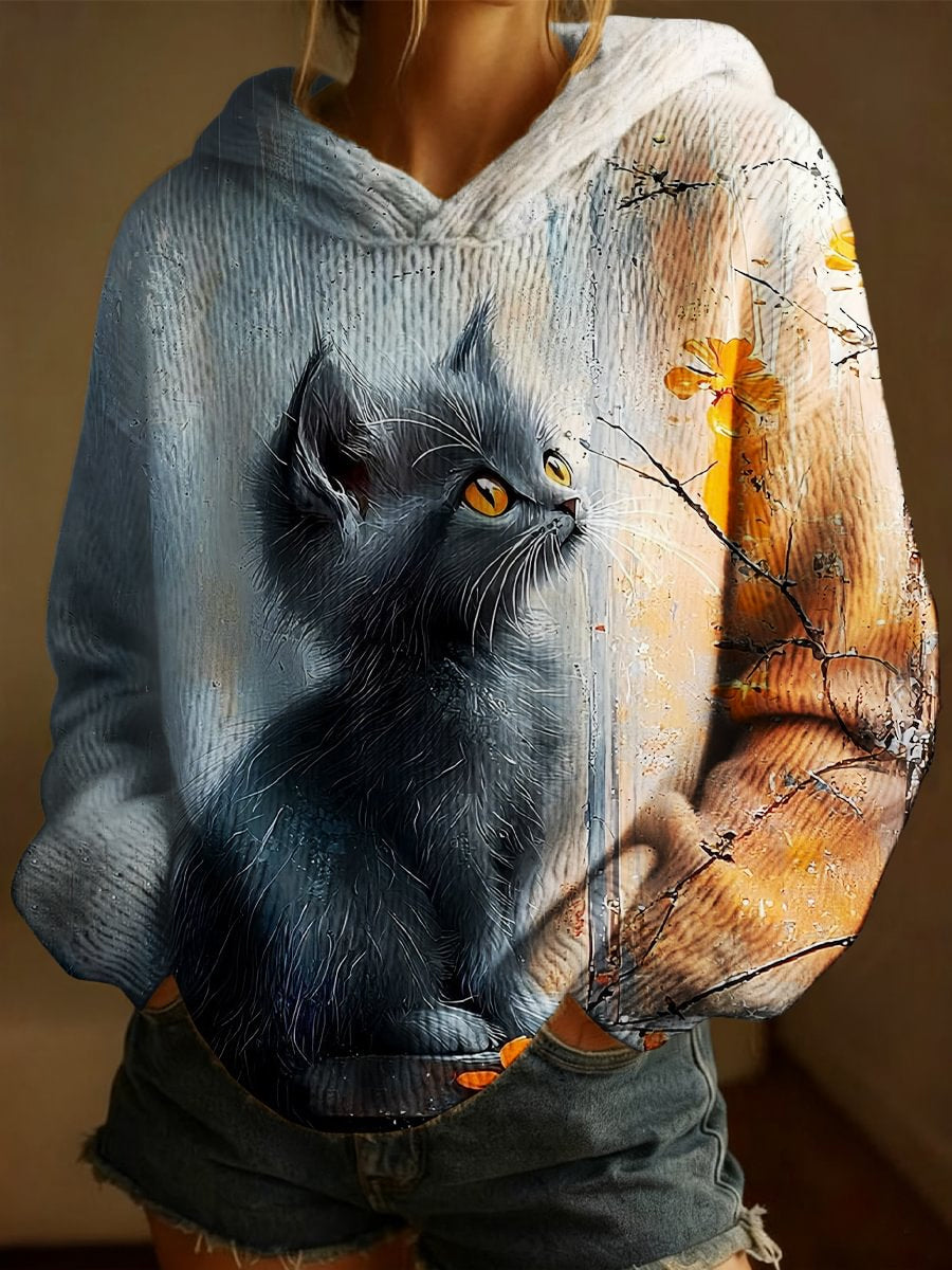 Women's Winter Cat Art Print Hooded