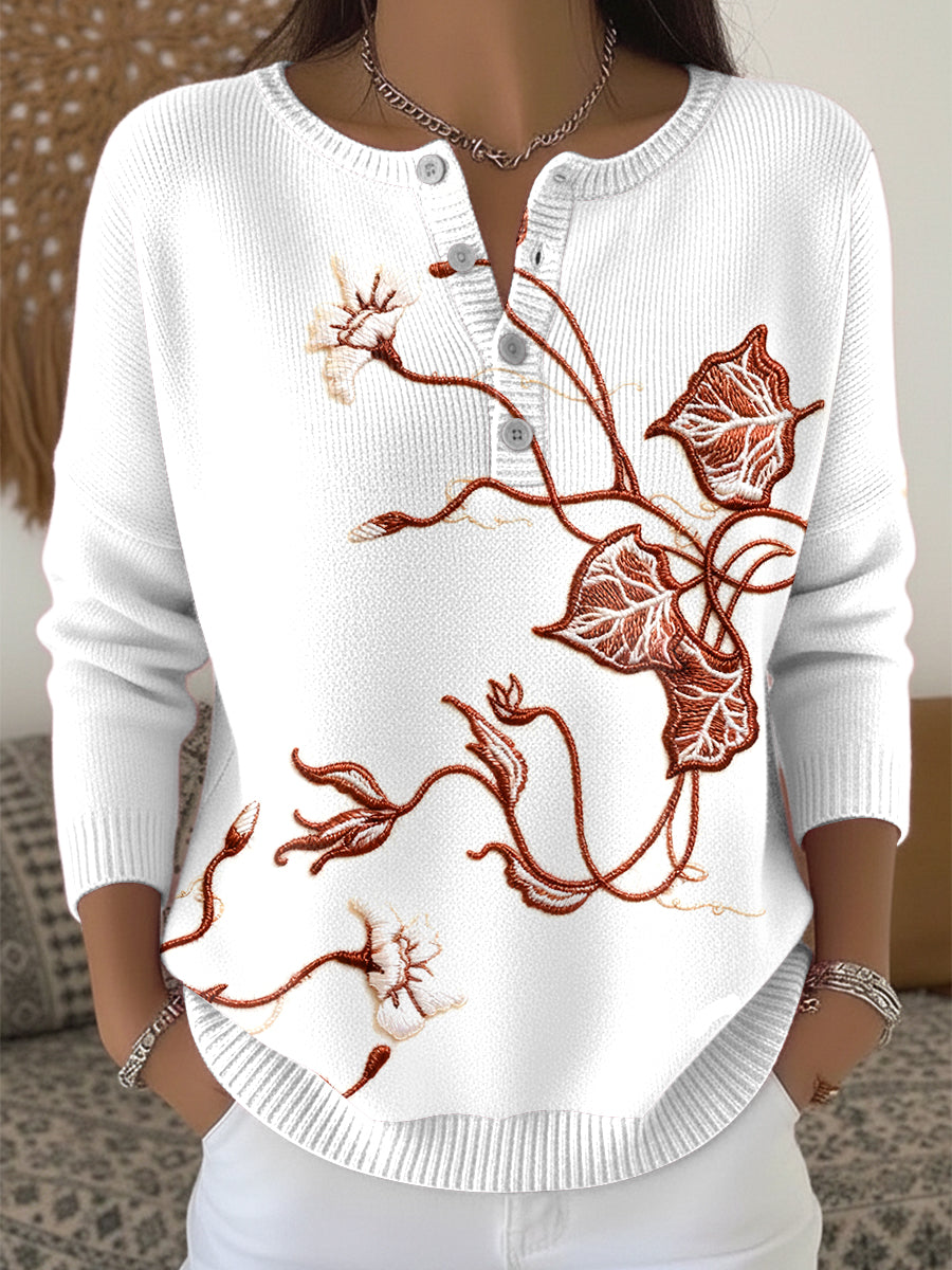 Women's White Floral Minimalist Henley neck sweater