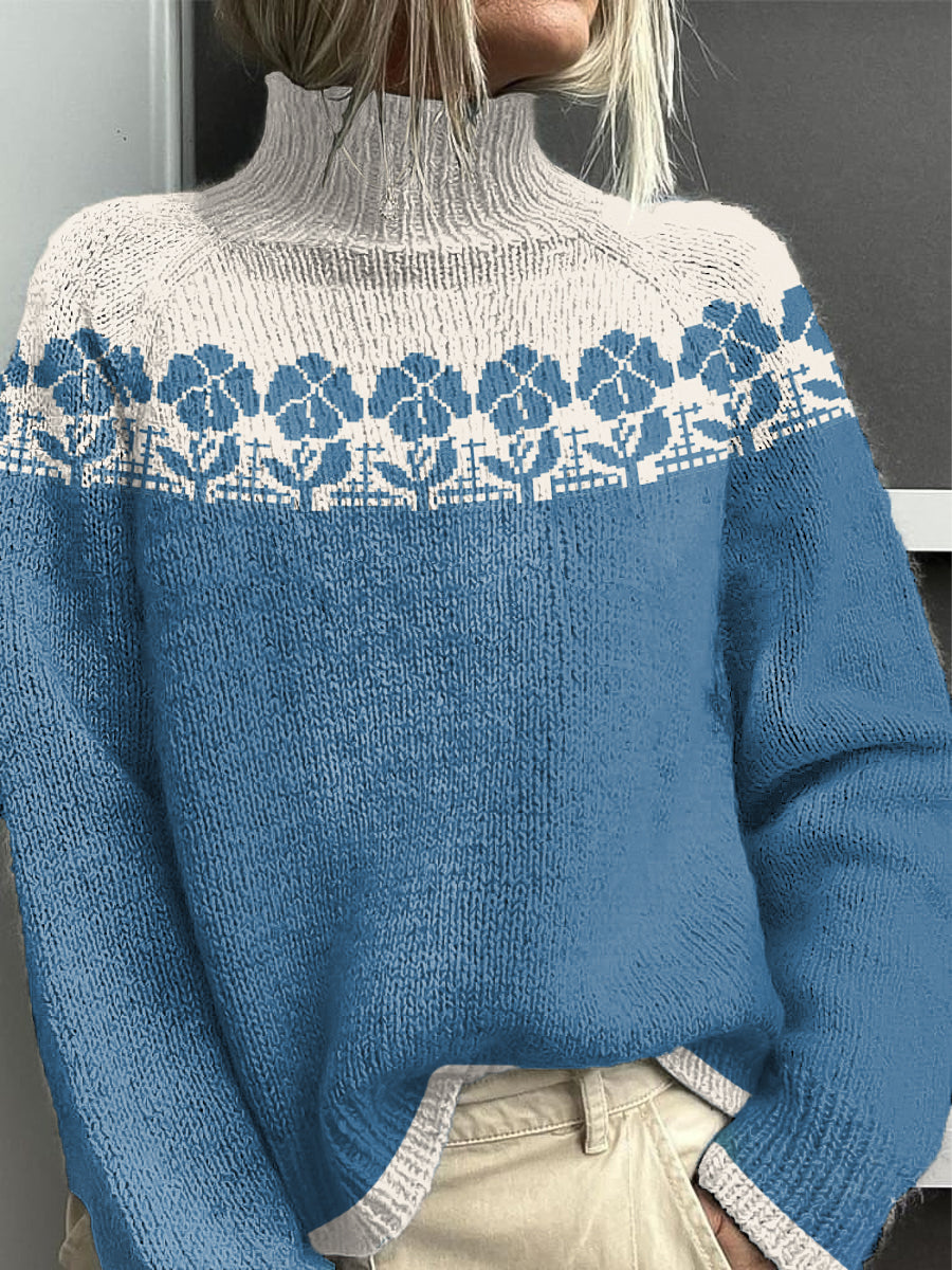 Women's Floral Blue-Green Winter Casual Turtleneck Sweater