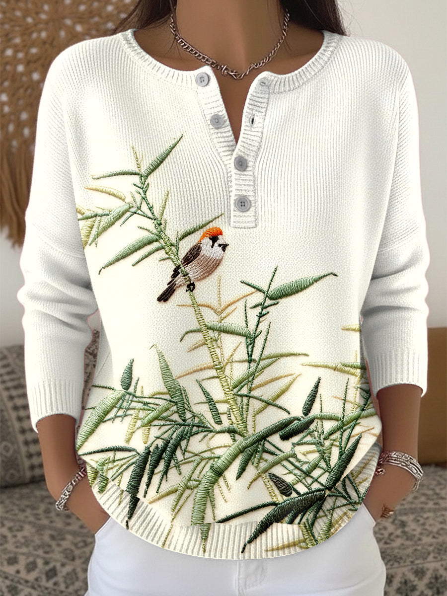 Women's Floral Bamboo Embroidered Henley neck sweater
