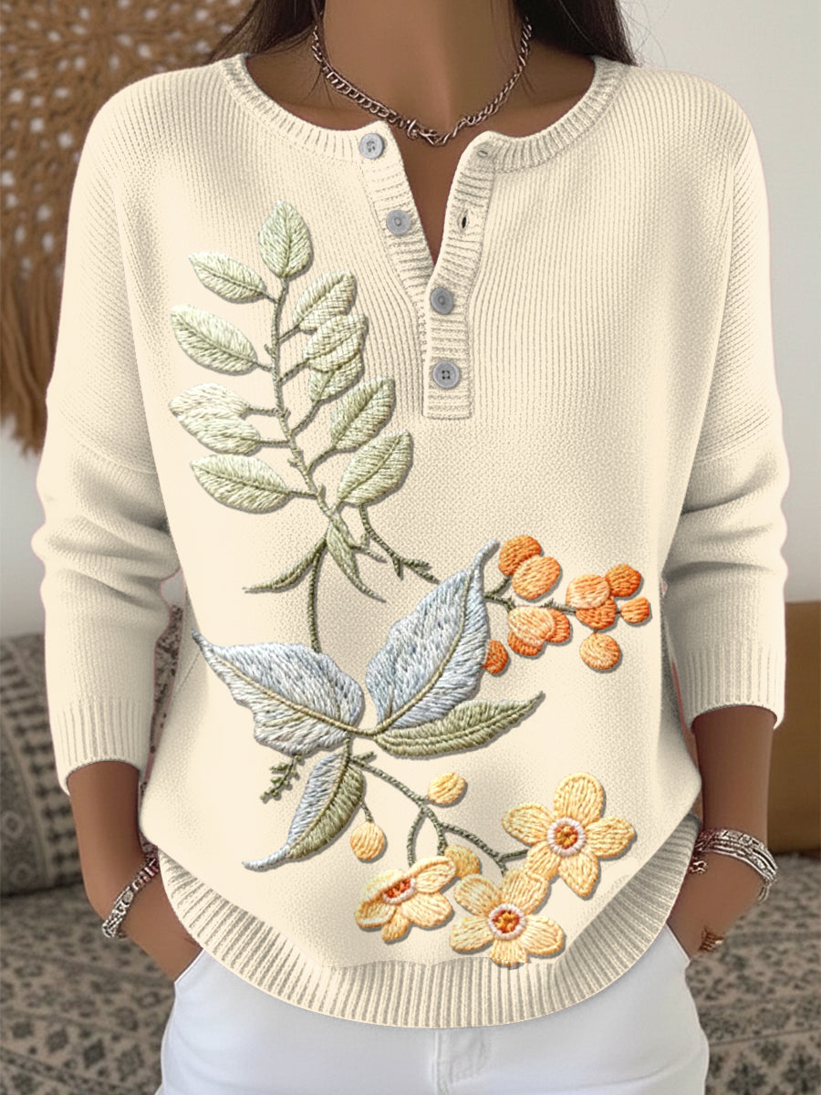 Women's Yellow Floral Elegant Henley Neck Sweater