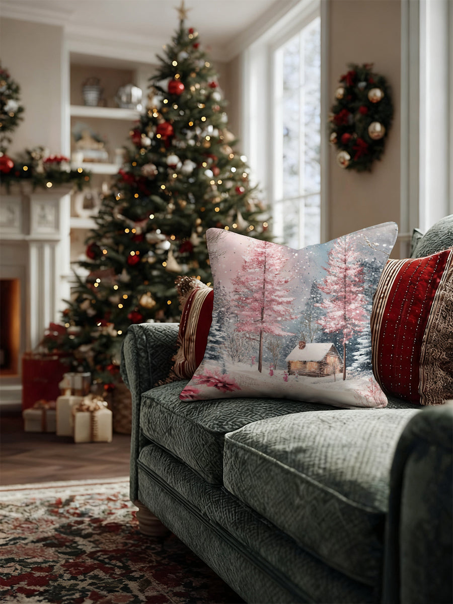 Pink Tree & Cabin Christmas Throw Pillow