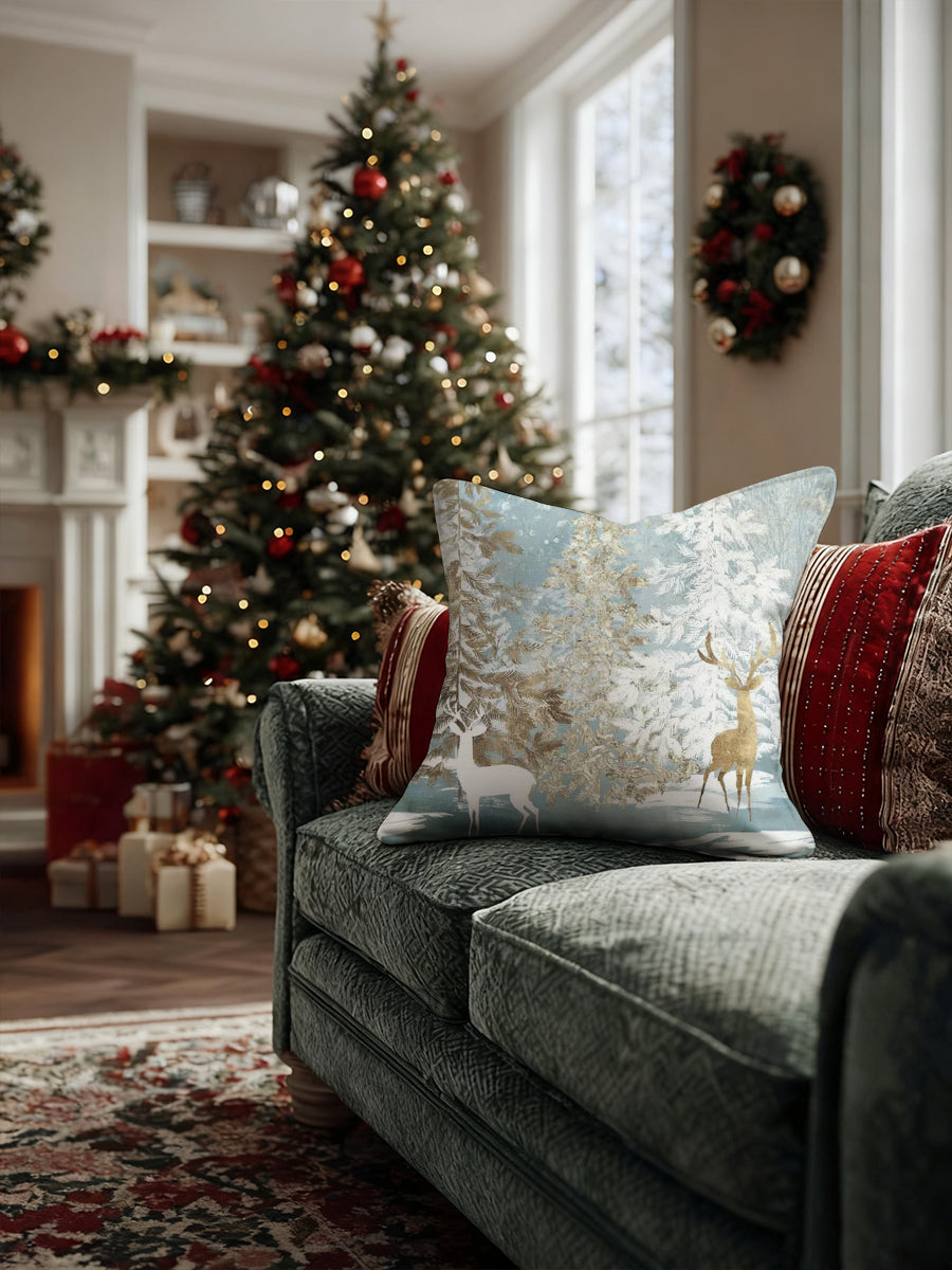 Blue & Gold Deer Christmas Throw Pillow