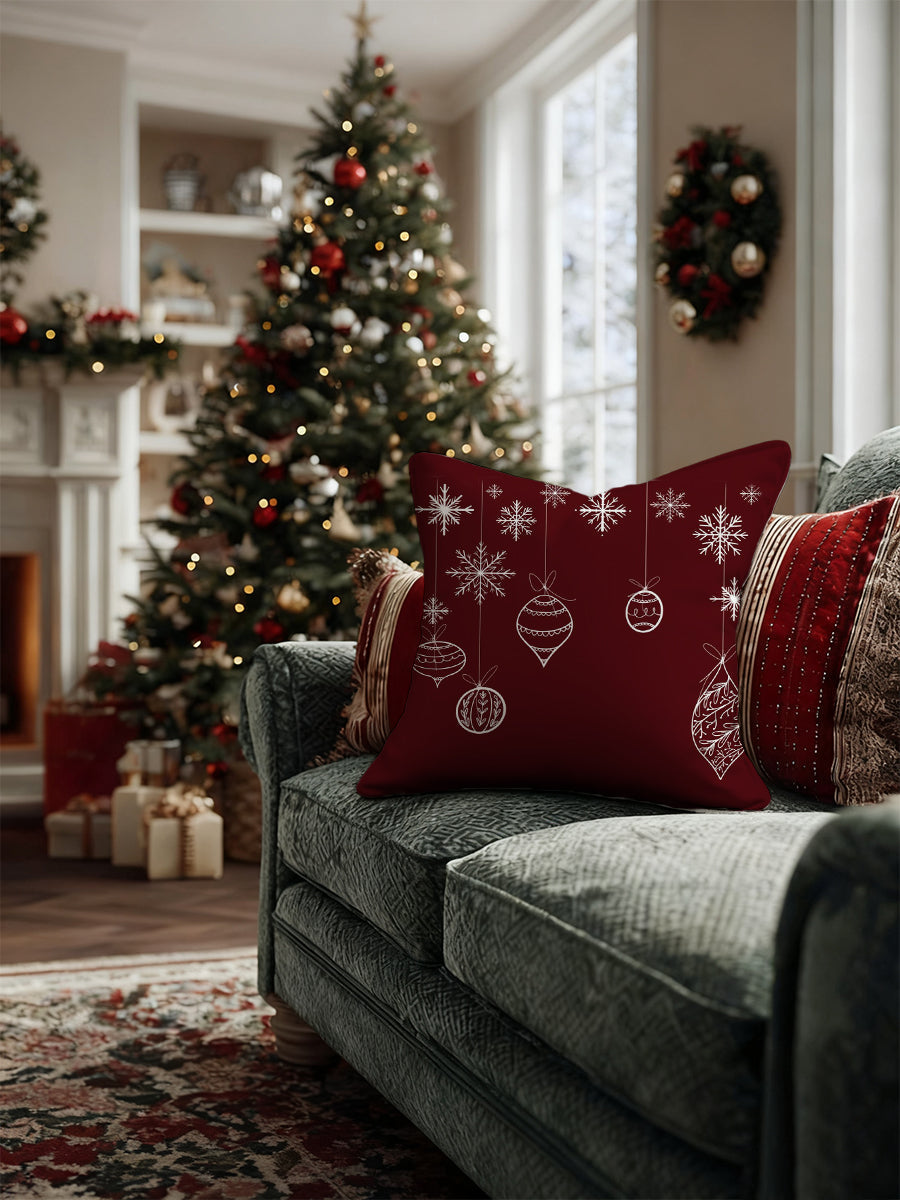 Red Christmas Ornament & Snowflake Throw Pillow