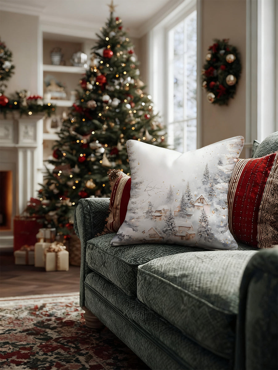 Winter Snowy Village Christmas Throw Pillow