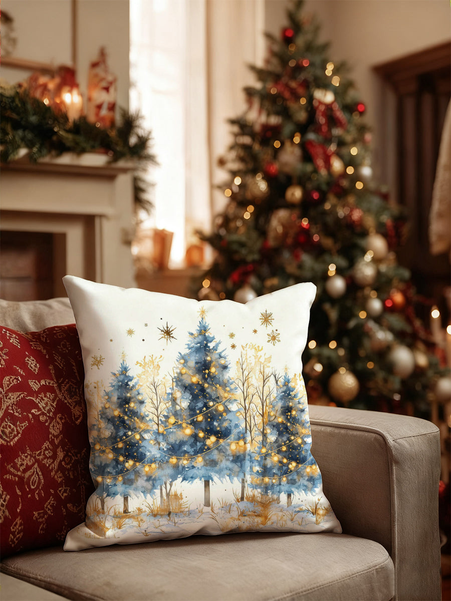 Blue & Gold Lit Tree Christmas Throw Pillow