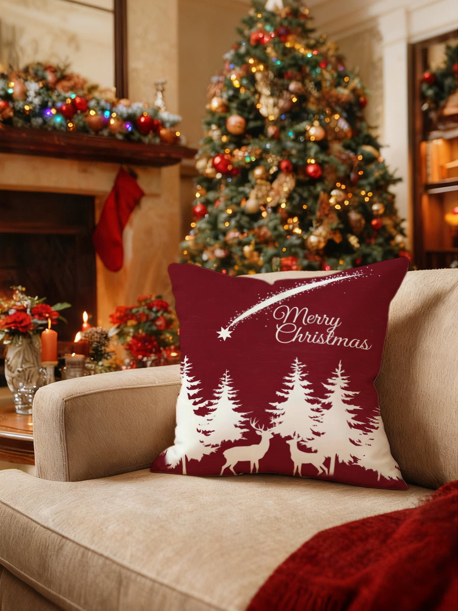 Christmas Throw Pillow with Red "Merry Christmas" Deer & Tree Design