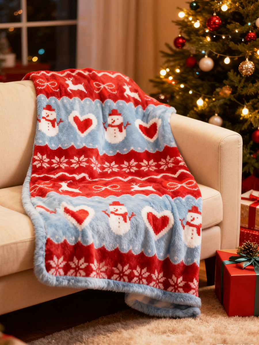 Christmas Snowman Heart-Print Flannel Blanket