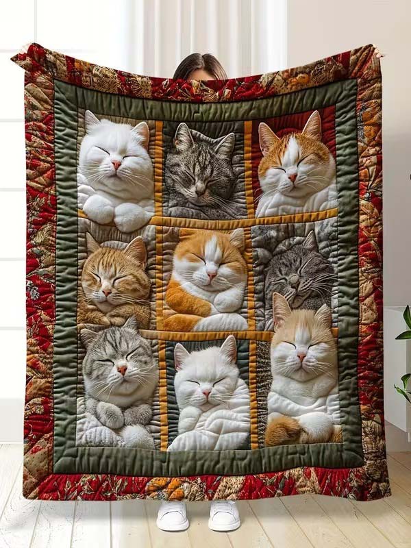 Retro Christmas Patchwork Cute Cats Home Decor Flannel Blanket